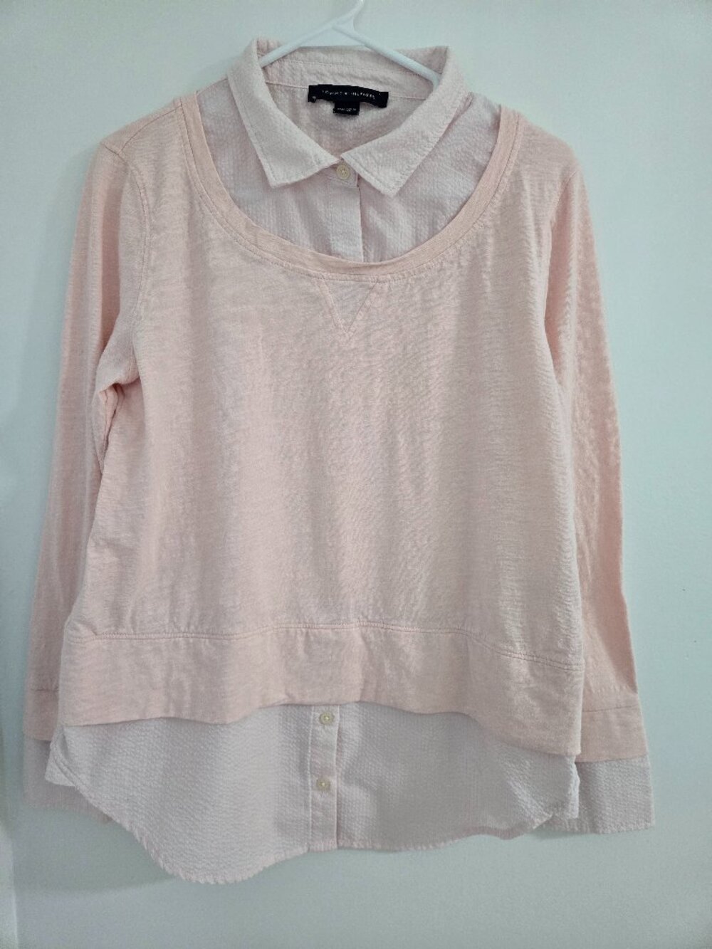 Tommy Hilfiger Women's Pink Preppy Layered Long Sleeve Blouse-Coastal-Size M